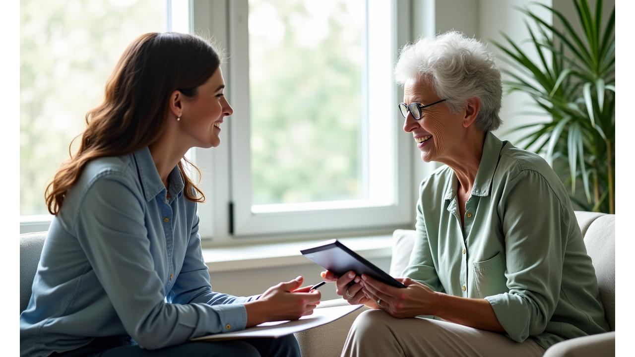 A Solace Bloom Home health coach engaging in a supportive, personalized coaching session with a mature adult client, focusing on attentive listening and guidance.
